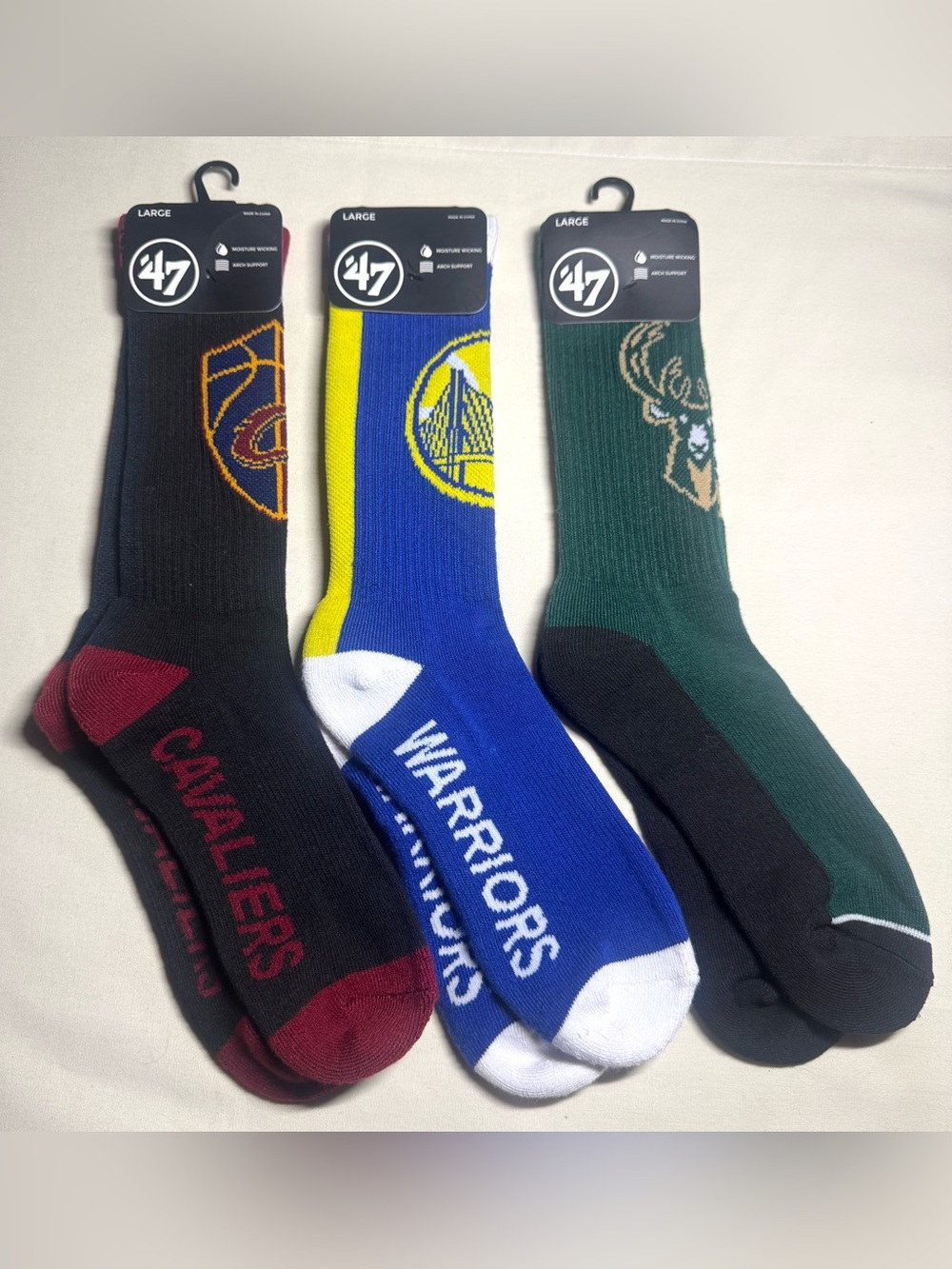 ’47 NBA Team Crew Socks - Cavaliers, Warriors, Bucks (Large)